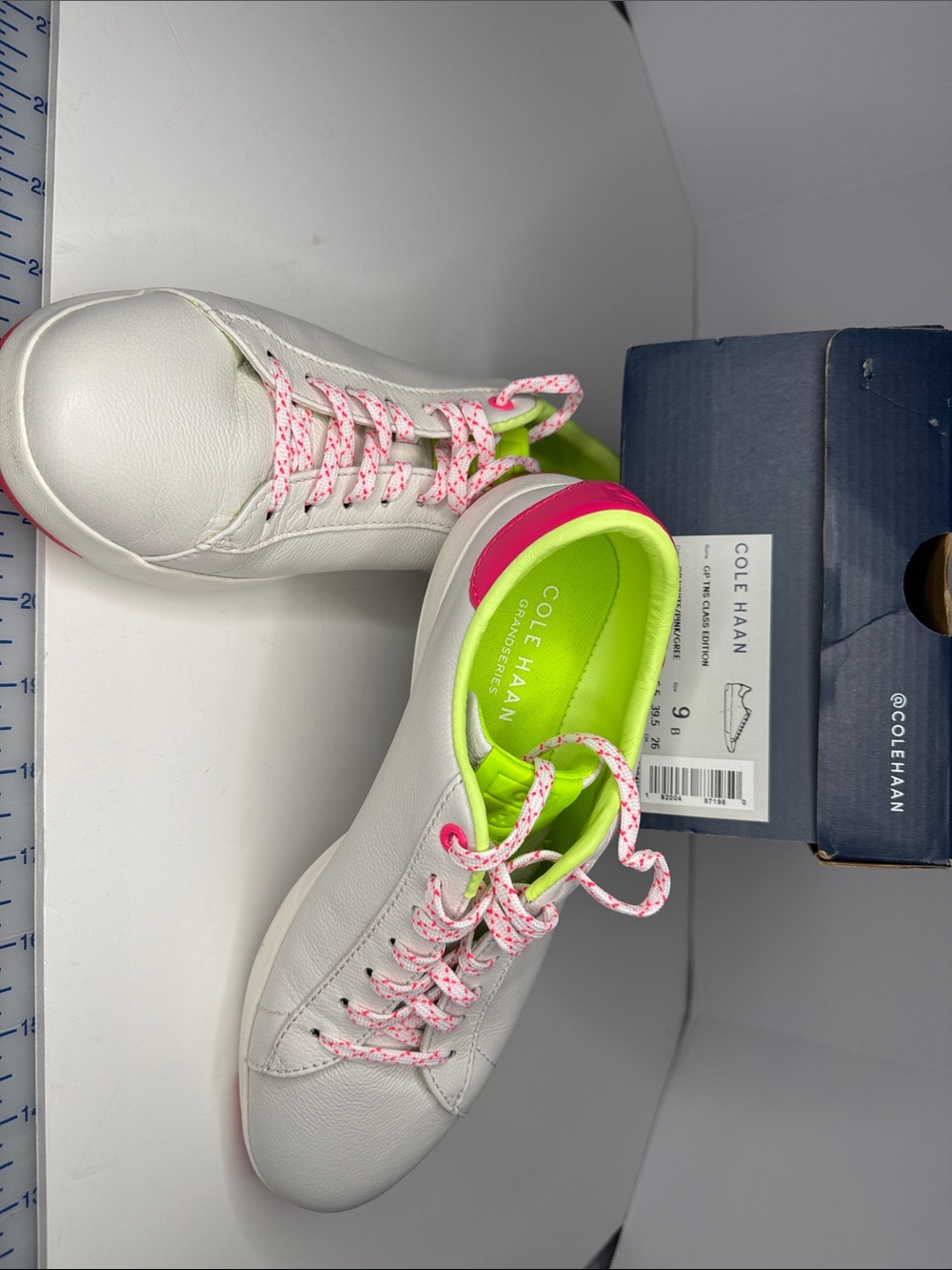 New Cole Haan White Leather Sneakers with Hot Pink and Neon Green Accents